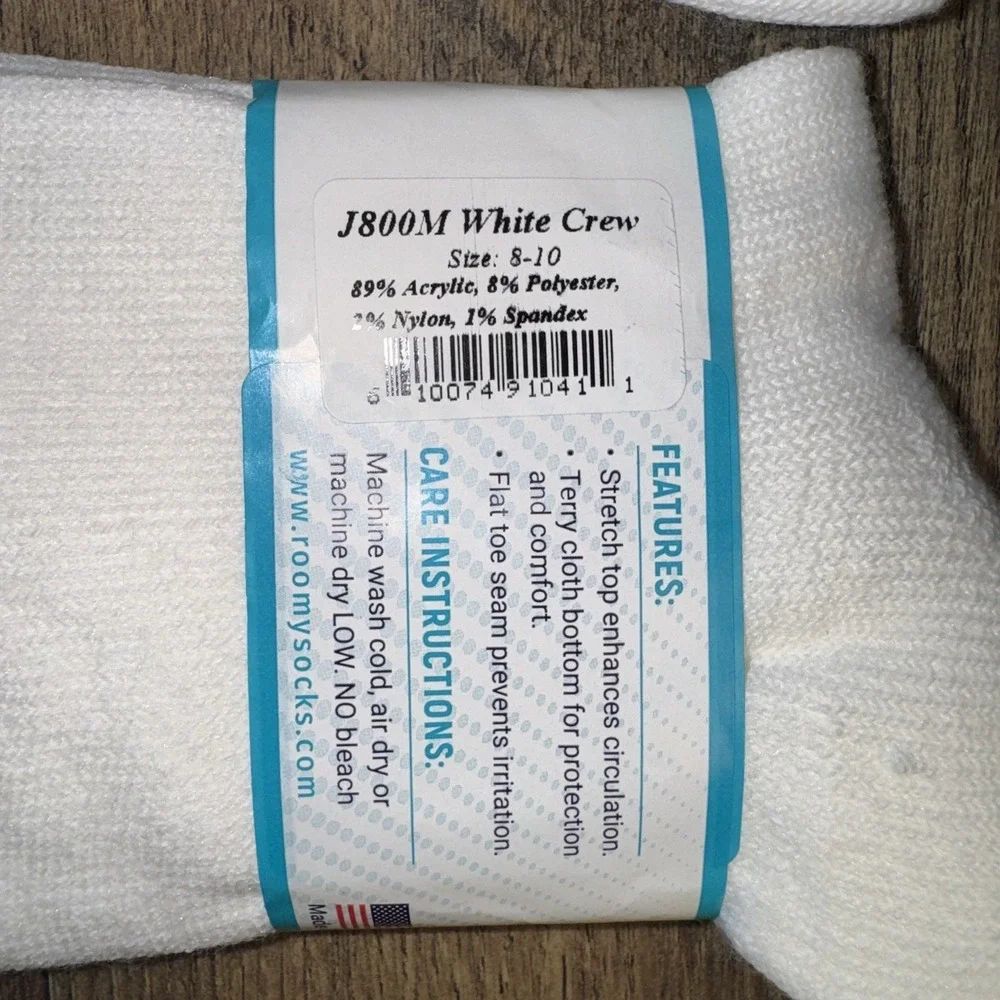 Extra Roomy White Diabetic Crew Socks Size 8-10 Made In USA (2 Pair)